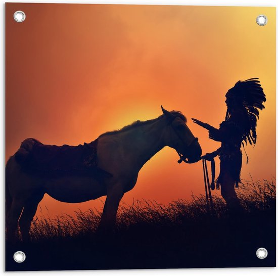 Tuinposter – Indiaan bij Paard - 50x50cm Foto op Tuinposter  (wanddecoratie voor buiten en binnen)