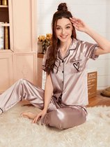 MKL - Dames nachthemd - Pyjama broek en blouse - Nachtjapon - Polyester/ Satijn - Kleur Baby roze - Kamerjassen Ochtendjas / Ochtendpyjama - Nachthemd - Nachtbadjas - Lounge pantal