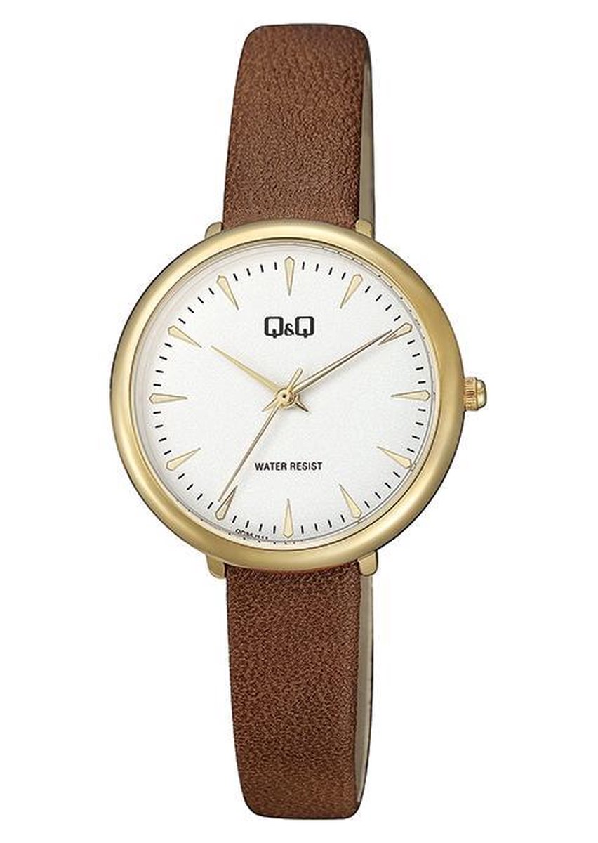 mooi stijlvol goudkleurig Q&Q dames horloge met bruin lederen band QC35J111Y