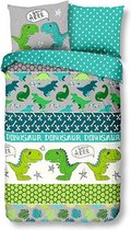 1-persoons jongens / kinder dekbedovertrek (dekbed hoes) met grappige groen / blauwe dino’s, dino (dinosaurus T-rex) met botten en bladeren (retro) KATOEN 140 x 220 cm