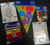 8 Jaar Feestpakket - Verjaardag Versiering - Folieballonnen 70cm - Vlaggenlijn - Ballonnen - Afzetlint- Taarttopper