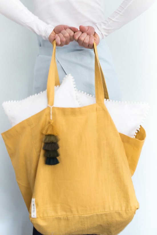 Duurzaam linnen shopper met handgemaakte tassel/ Minimalistische linnen  draagtas met... | bol