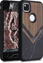 kwmobile telefoonhoesje compatibel met Google Pixel 4a - Hoesje met bumper in zwart / wit / donkerbruin - walnoothout - Hout Glory Marmer design