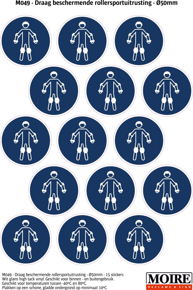 Pictogram sticker 75 stuks M049 - Draag beschermende rollersportuitrusting - 50 x 50 mm - 15 stickers op 1 vel