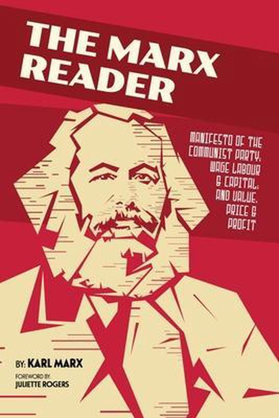 Boek "The Marx Reader" met een afbeelding van Karl Marx en de ondertitel "Manifesto of the Communist Party. Wage Labour & Capital, and Value. Price & Profit."