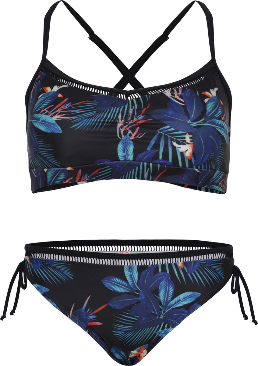 La V Bikini classic met kant detail - Tropical flowers 152-158 Donker blauw