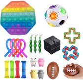 Fidget toys pakket | regenboog pop it | Fidget ball | Fidget toys package set | fidget cube | wacky tracks | fidget toys tangle | rugby stressbal | pea bean poppers | 20 toys set |