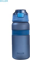 Diller Waterfles met Rietje - Drinkfles - Handig Sluitsysteem - 550ml - Blauw - Tritan & BPA-vrij