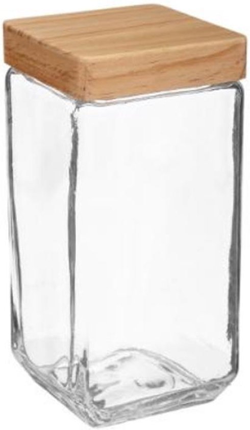 Glazen voorraad pot bewaarpot vierkant met houten afsluitdop 2 Liter |  bol.com
