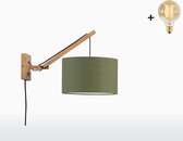 Wandlamp met Korte Arm - ANDES - Naturel Bamboe - Groen Linnen - Met LED-lamp