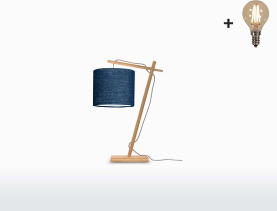 Tafellamp – ANDES – Naturel Bamboe - Blauw Linnen - Met LED-lamp
