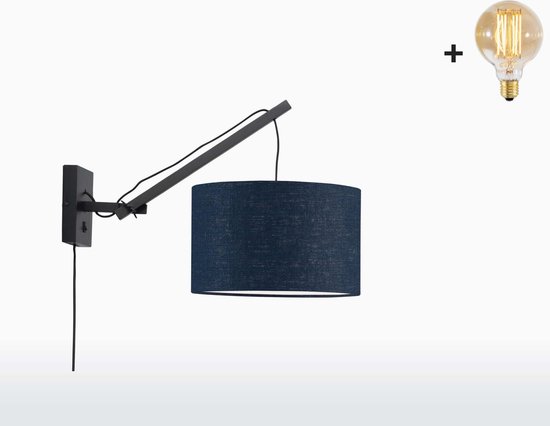 Wandlamp met Korte Arm - ANDES - Zwart Bamboe - Blauw Linnen - Met LED-lamp