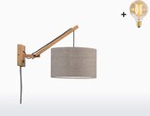 Wandlamp met Korte Arm - ANDES - Naturel Bamboe - Donker Linnen - Met LED-lamp