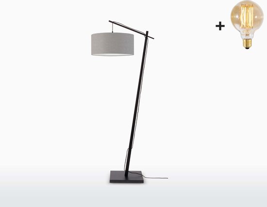 Vloerlamp – ANDES – Zwart Bamboe Voetstuk (h. 176 cm) - Lichtgrijs Linnen - Met LED-lamp