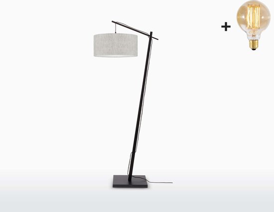 Vloerlamp – ANDES – Zwart Bamboe Voetstuk (h. 176 cm) - Licht Linnen - Met LED-lamp