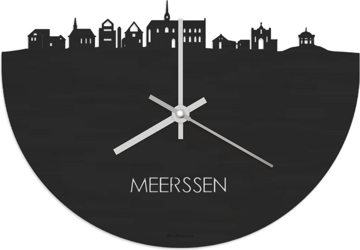 Skyline Klok Meerssen Zwart hout - Ø 40 cm - Stil uurwerk - Wanddecoratie - Meer steden beschikbaar - Woonkamer idee - Woondecoratie - City Art - Steden kunst - Cadeau voor hem - Cadeau voor haar - Jubileum - Trouwerij - Housewarming - WoodWideCities
