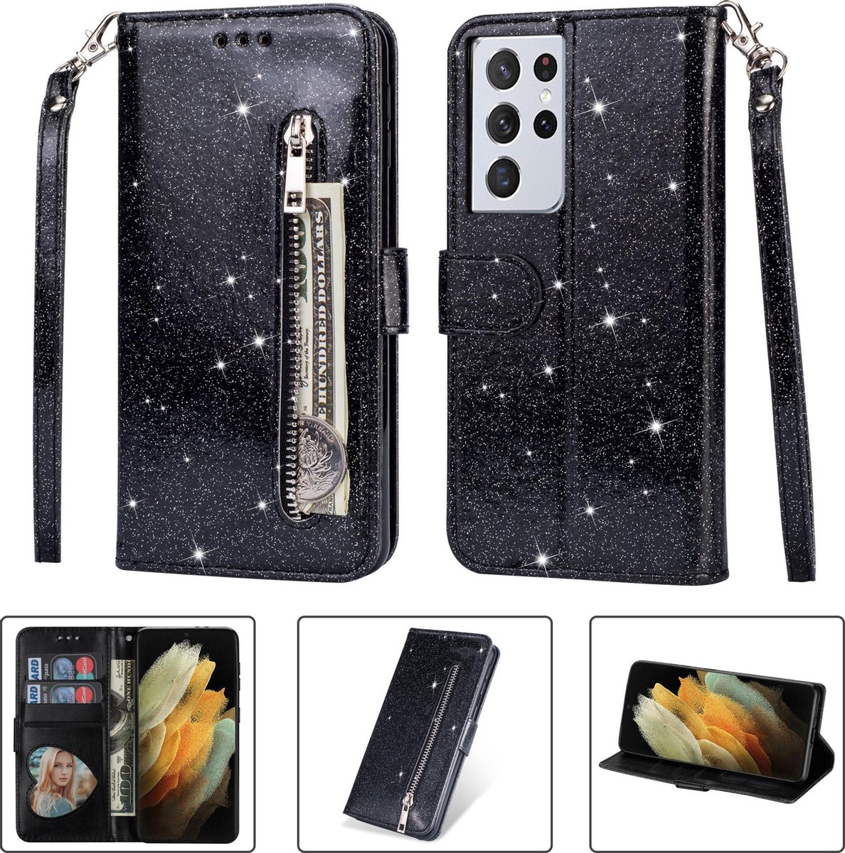 Glitter Bookcase voor Samsung Galaxy S21 Ultra | Hoogwaardig PU Leren Hoesje | Lederen Wallet Case | Telefoonhoesje | Pasjeshouder | Portemonnee | Zwart