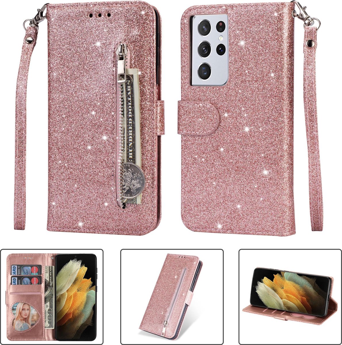 Glitter Bookcase voor Samsung Galaxy S21 Ultra | Hoogwaardig PU Leren Hoesje | Lederen Wallet Case | Telefoonhoesje | Pasjeshouder | Portemonnee | Roze Goud