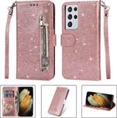 Glitter Bookcase voor Samsung Galaxy S21 Ultra | Hoogwaardig PU Leren Hoesje | Lederen Wallet Case | Telefoonhoesje | Pasjeshouder | Portemonnee | Roze Goud