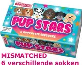 Mismatched kinder sokken - Cadeaudoos met 6 honden sokken - Pup Stars - maat 30,5 tot 38