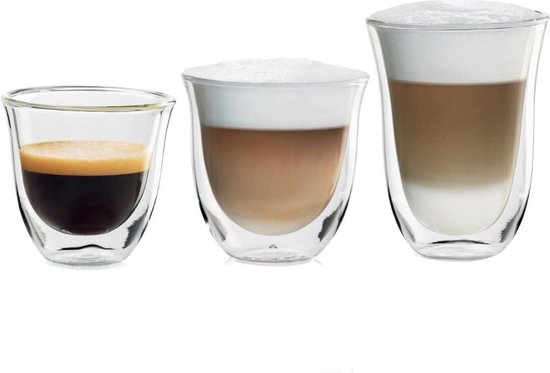 Drie dubbelwandige glazen: een espresso, een cappuccino en een latte macchiato.