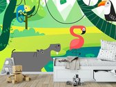 Professioneel Fotobehang vrolijke dieren aan een meertje - licht grijs - Sticky Decoration - fotobehang - decoratie - woonaccesoires - inclusief gratis hobbymesje - 355 cm breed x 240 cm hoog