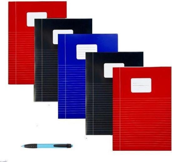 Schriften A4 met Lijntjes - Met Kantlijn - Set van 5 stuks - Basic kleuren - Inclusief GRATIS Balpen - GRATIS verzonden