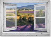 tuinposter - 90x65 cm - doorkijk wit venster - lavendel - tuindecoratie - tuindoek - tuin decoratie - tuinposters buiten - tuinschilderij