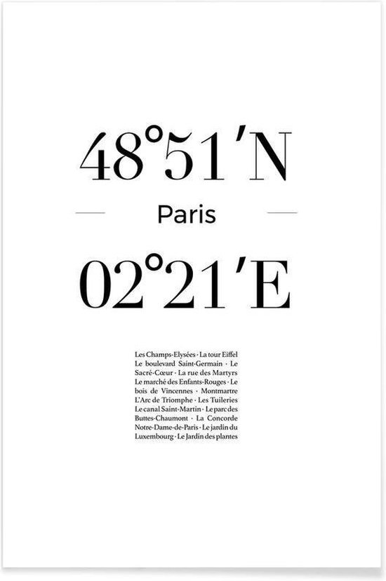 JUNIQE - Poster Coördinaten Parijs -40x60 /Wit & Zwart