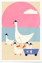 JUNIQE - Poster Geese on Vacation -13x18 /Blauw & Roze