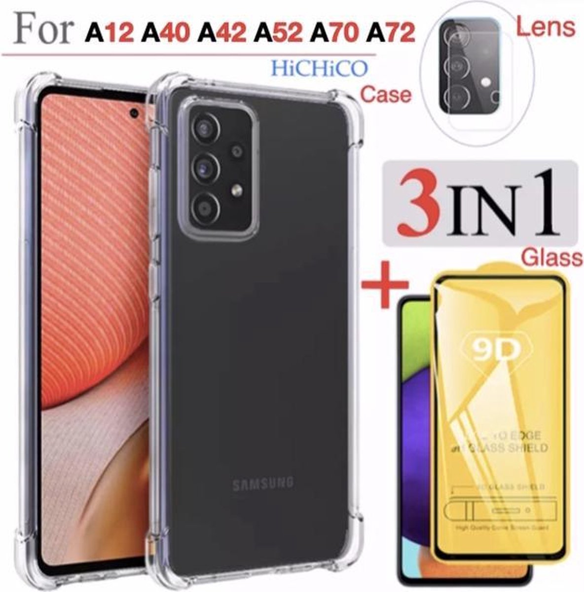 Samsung Galaxy A42 Hoes (Shock Proof Siliconen Case) + Screen protector Tempered Glass ( Full Cower ) + camera lens Glass - Glass - Glazen bescherming 3IN1 van HiCHiCO