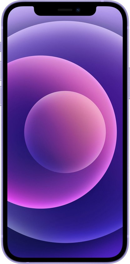 Paarse iPhone 12 met paarse en roze cirkel op het scherm.