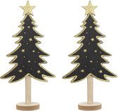 2x stuks kerstdecoratie houten decoratie kerstboom zwart met gouden sterren B18 x H36 cm - Kerstversiering kerstbomen met licht