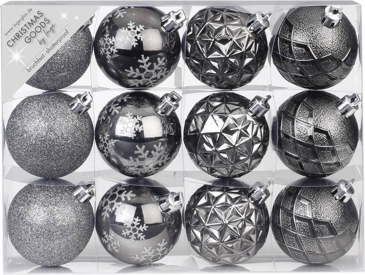 48x stuks luxe gedecoreerde kunststof kerstballen antraciet mix 6 cm - Onbreekbare kerstballen - Kerstversiering