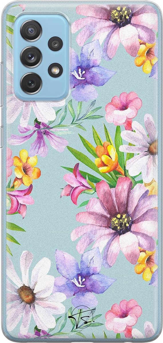 Samsung Galaxy A52 siliconen hoesje - Mint bloemen - Soft Case Telefoonhoesje - Blauw - Bloemen