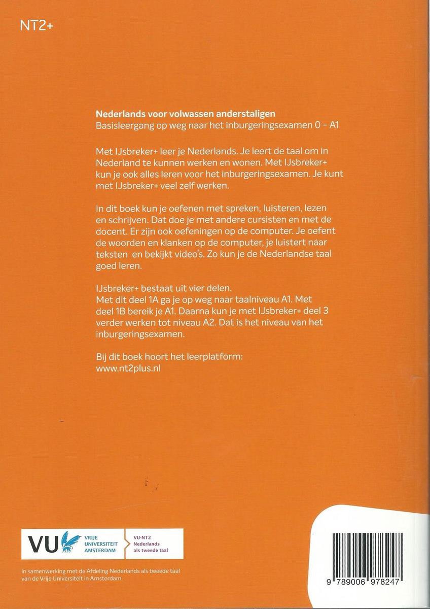 Achterkant van een boek met de tekst 'IJsbreker+ Nederlands voor volwassenen anderstaligen'.