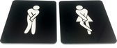 Deurbordje Toilet - WC bordjes – Tekstbord WC – Toilet bordje – Heren Dames – Man Vrouw Hoge Nood - Bordje – Zwart – Pictogram - Zelfklevend – Set van 2 - 10 cm x 12 cm x 1,6 mm - 5 Jaar Garantie