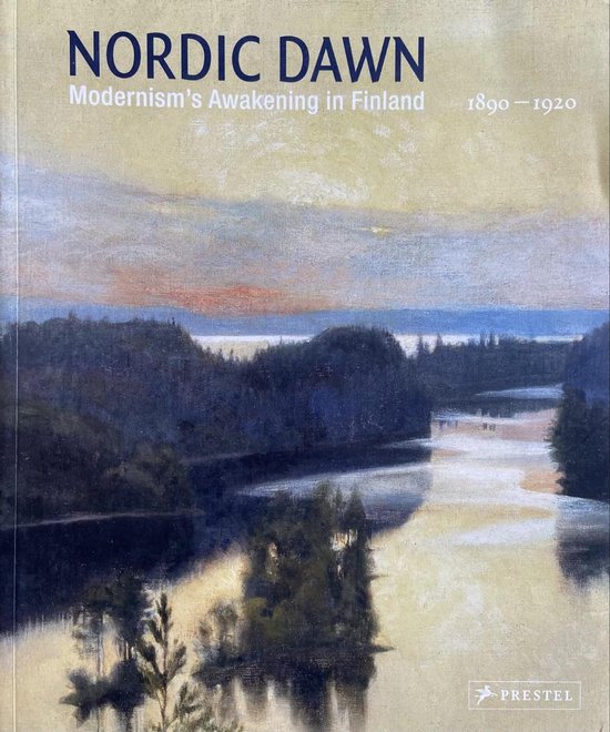 Boek 'Nordic Dawn' met een schilderij van een zonsopgang boven een meer en bos. Modernism's Awakening in Finland 1890-1920.