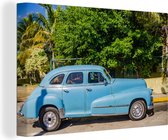 Canvas schilderij 140x90 cm - Wanddecoratie Een blauwe Cubaanse oldtimer op de straten van Varadero - Muurdecoratie woonkamer - Slaapkamer decoratie - Kamer accessoires - Schilderijen