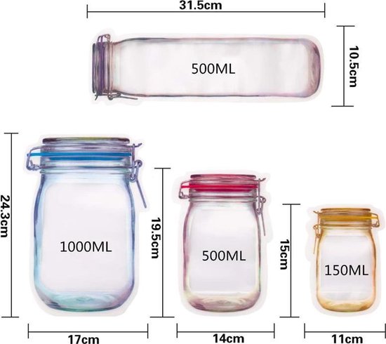 GEAR 3000® mason jar hersluitbare zakjes - herbruikbare boterhamzakjes - vershoudzakken - 8 stuks
