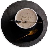 Forex Wandcirkel - Koffie met Gouden Lepeltje - 100x100cm Foto op Wandcirkel (met ophangsysteem)