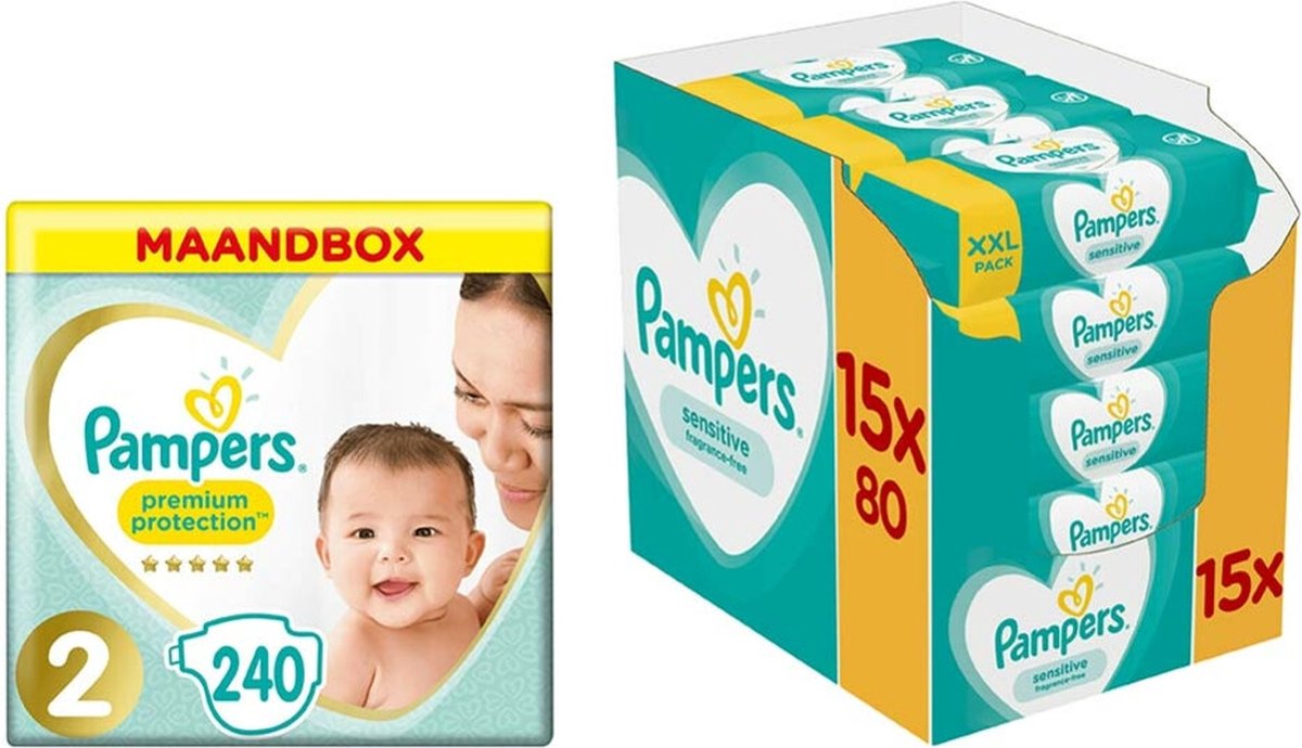 Pampers Premium Protection Luiers Maat 2 en Pampers Billendoekjes Sensitive 15x80=1200 doekjes Pakket Pampers Premium Protection Luiers Maat 2 en Pampers Billendoekjes Sensitive 15x80=1200 doekjes Pakket