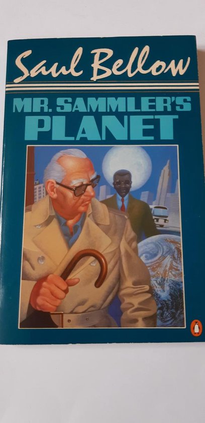 Boekcover van "Mr. Sammler's Planet" van Saul Bellow met een illustratie van twee mannen en de aarde.