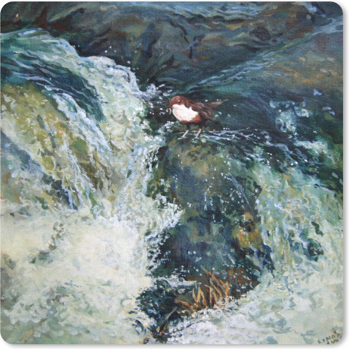 Muismat 20x20 cm - Mousepad Olieverfschilderij de Vogel en de Waterval - Muismatten