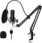 Studio Microphone Pro - Zwart - Condensator USB Microfoon + Arm - Cardioide Polair Patroon - Plopkap - Ruisfilter - Streamen - Podcast - Voice-Over