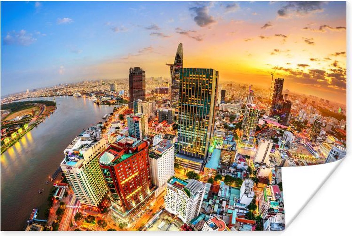 Poster Luchtfoto en zonsondergang in de