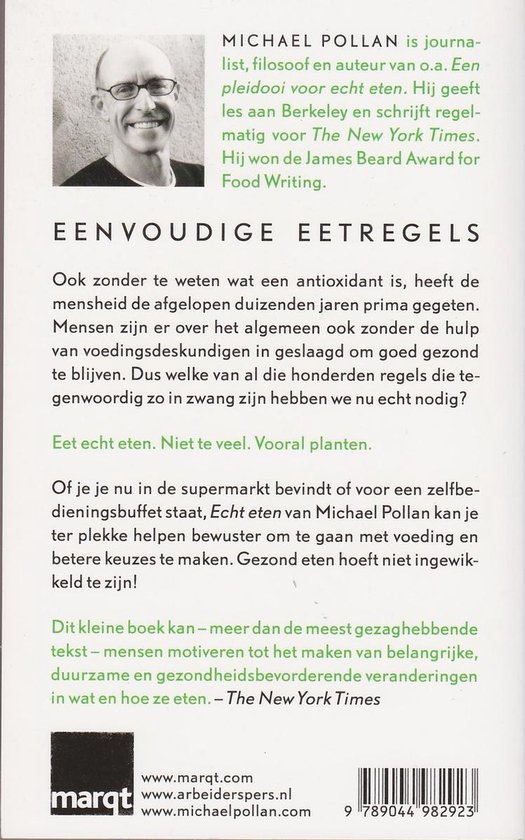 Achterkant boek Michael Pollan 'Eenvoudige eetregels' met foto auteur, tekst, Marqt logo en barcode.