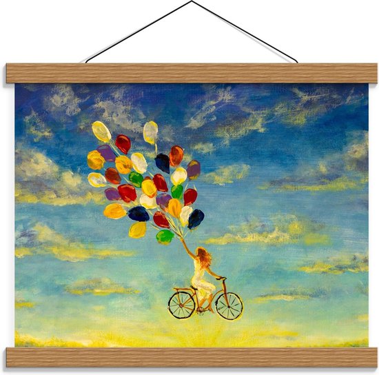 Schoolplaat – Fiets in de Lucht door Ballonnen - 40x30cm Foto op Textielposter (Wanddecoratie op Schoolplaat)