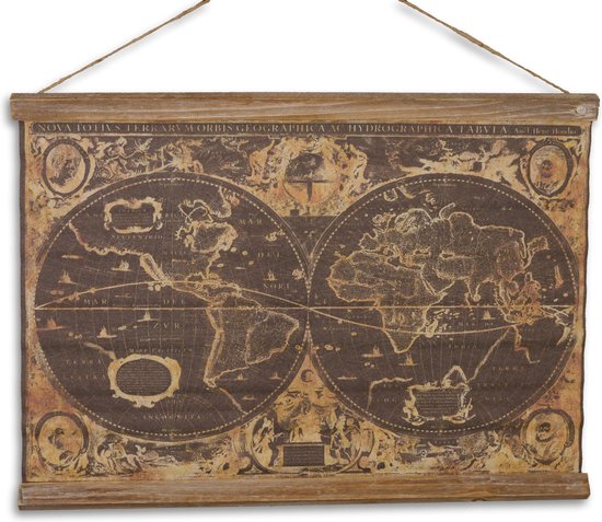 Decoratief Beeld - Een Linnen Schoolprint Orbis Geographica - Katoen - Wexdeco - Zwart, Wit, Bruin En Geel - 43 X 60 Cm