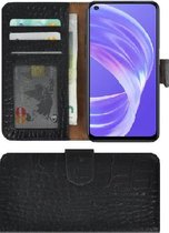 Oppo A73 5G Hoesje - Bookcase - Oppo A73 5G Wallet Book Case Echt Leer Croco Zwart Cover